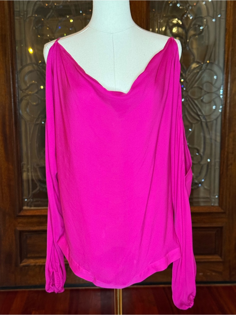Haute Hippie Fuchsia Cold Shoulder Cowl Neck Silk Blouse L